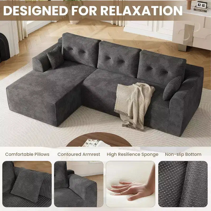 105 Modular Cloud Couch Sectional with Oversized Chaise - No Assembly Required Deep Seat Sofa for Living Room Bedroom - Grey
