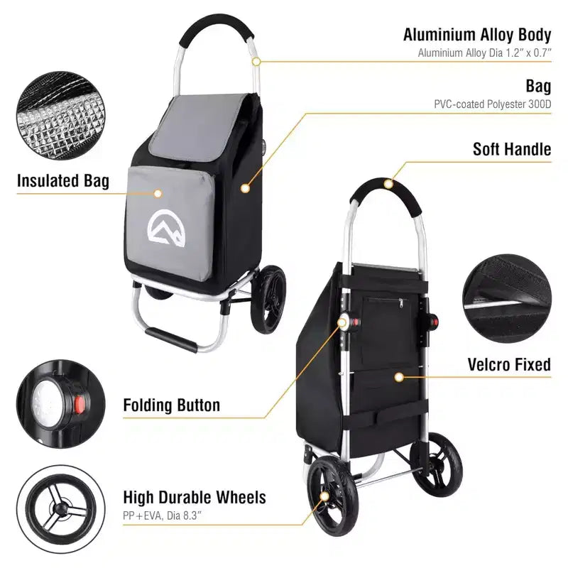 Carrito de compras plegable de aluminio con ruedas y bolsa extraíble