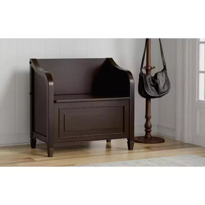 Banco pequeño de almacenamiento para recibidor, madera maciza con tapa levadiza, marrón castaño oscuro