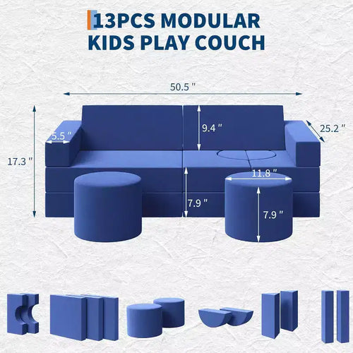 Sofá de juegos modular de 13 piezas - Juego de sofá convertible para niños pequeños con fundas suaves lavables - Silla de piso de espuma para sala de juegos, sala de estar o dormitorio