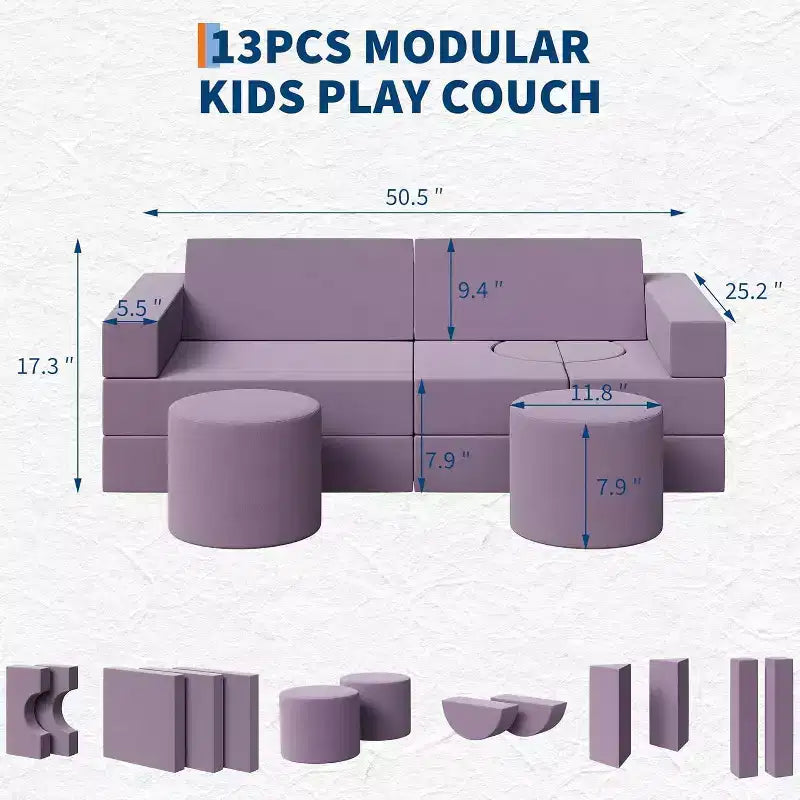 13-Piece Modular Play Couch - Convertible Toddler Sofa Set with Washable Soft Covers - Foam Floor Chair for Playroom, Living Room, or Bedroom