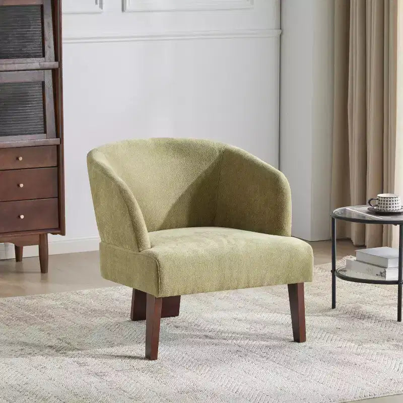 Sillón moderno con respaldo redondo y patas de madera, tapizado en tela suave, para sala de estar u oficina