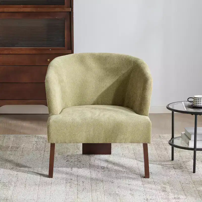 Sillón moderno con respaldo redondo y patas de madera, tapizado en tela suave, para sala de estar u oficina