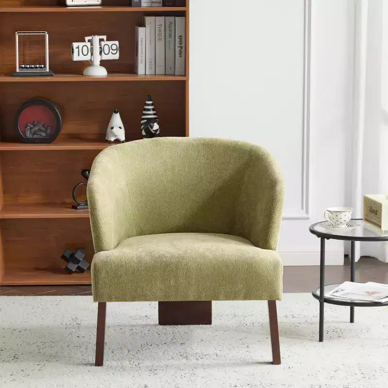 Sillón moderno con respaldo redondo y patas de madera, tapizado en tela suave, para sala de estar u oficina