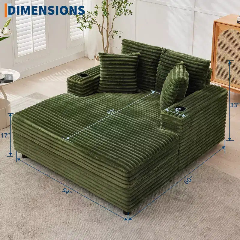 COZONY 60 Oversized Corduroy Chaise Lounge Chair, Deep Seat Reading Couch with Cup Holder & Throw Pillows for Living Room or Bedroom
