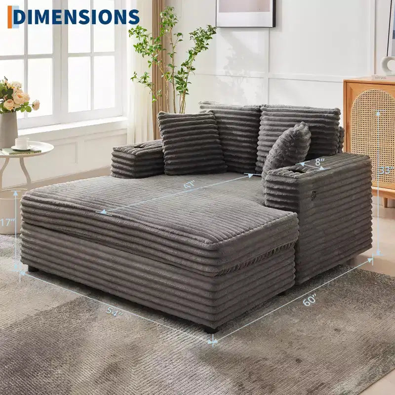 COZONY 60 Oversized Corduroy Chaise Lounge Chair, Deep Seat Reading Couch with Cup Holder & Throw Pillows for Living Room or Bedroom