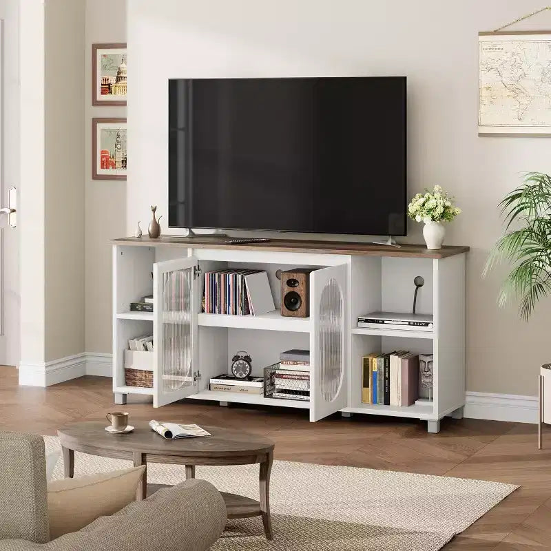 Mueble de TV rústico de 70" - Centro de entretenimiento con puertas de gabinete de vidrio corrugado y estantes abiertos, consola multimedia para sala de estar (blanco y marrón oscuro)