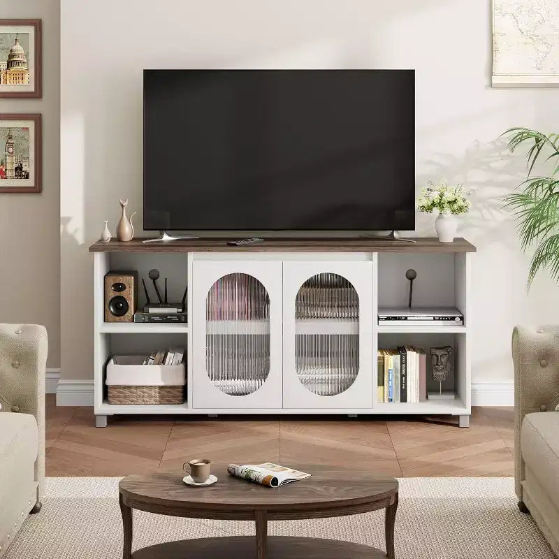 Mueble de TV rústico de 70" - Centro de entretenimiento con puertas de gabinete de vidrio corrugado y estantes abiertos, consola multimedia para sala de estar (blanco y marrón oscuro)