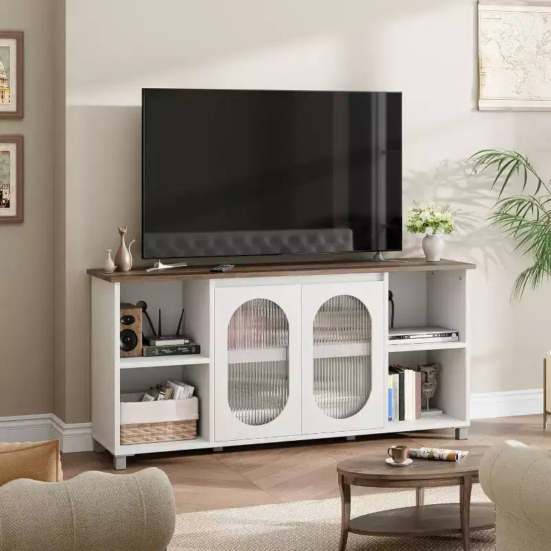 Mueble de TV rústico de 70" - Centro de entretenimiento con puertas de gabinete de vidrio corrugado y estantes abiertos, consola multimedia para sala de estar (blanco y marrón oscuro)