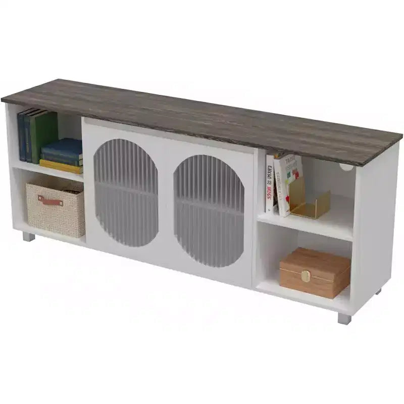 Mueble de TV rústico de 70" - Centro de entretenimiento con puertas de gabinete de vidrio corrugado y estantes abiertos, consola multimedia para sala de estar (blanco y marrón oscuro)
