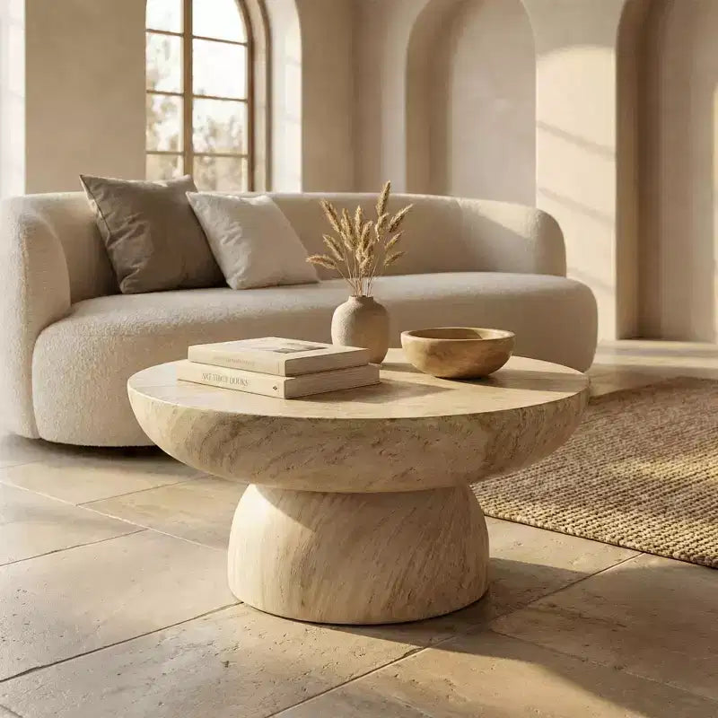 Mesa de centro pedestal redonda de fibra de piedra, mesa auxiliar esculpida para interior y exterior con almohadillas antideslizantes para los pies