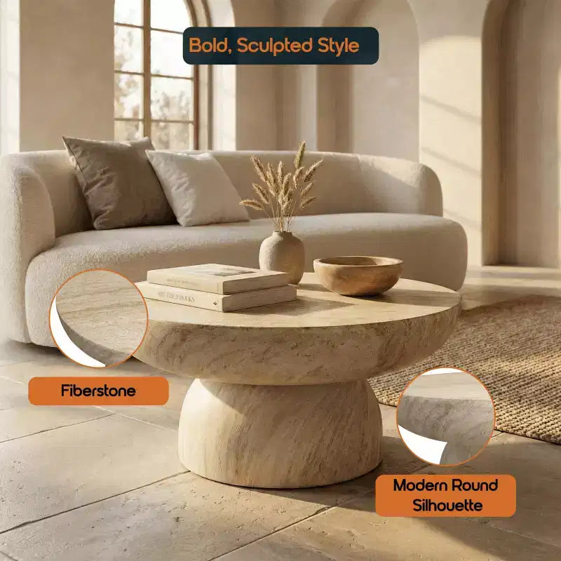 Mesa de centro pedestal redonda de fibra de piedra, mesa auxiliar esculpida para interior y exterior con almohadillas antideslizantes para los pies