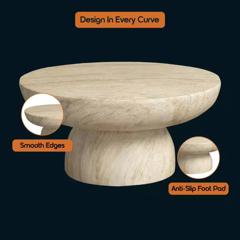 Mesa de centro pedestal redonda de fibra de piedra, mesa auxiliar esculpida para interior y exterior con almohadillas antideslizantes para los pies