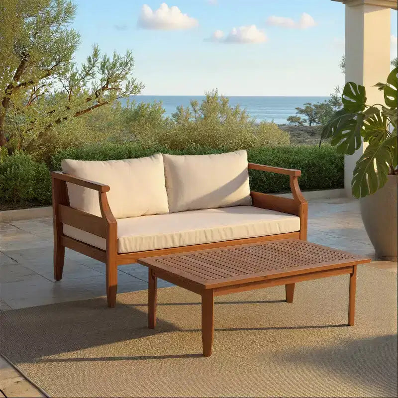 Juego de comedor Alta Bench & Table para patio - Interior/Exterior - PAT6812 - Marrón teca/Crema - Safavieh