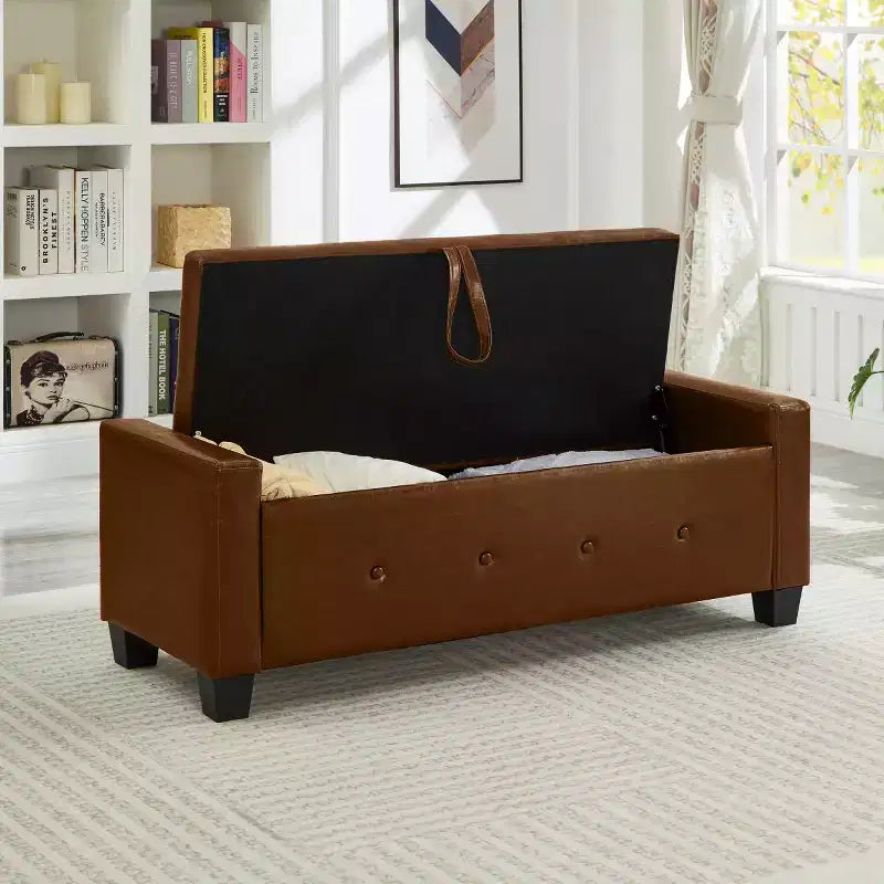 Banco de almacenamiento moderno de piel sintética de 48" con tapa abatible para sala de estar, dormitorio o recibidor