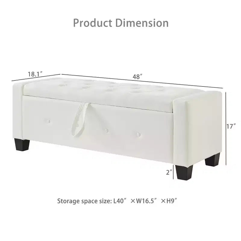 Banco de almacenamiento moderno de piel sintética de 48" con tapa abatible para sala de estar, dormitorio o recibidor