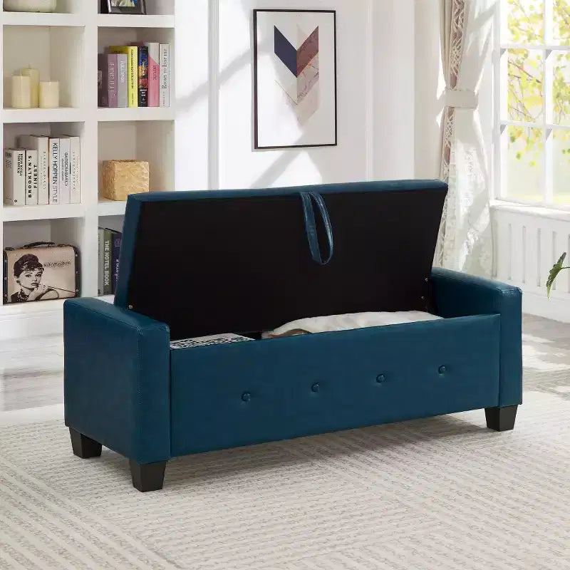 Banco de almacenamiento moderno de piel sintética de 48" con tapa abatible para sala de estar, dormitorio o recibidor