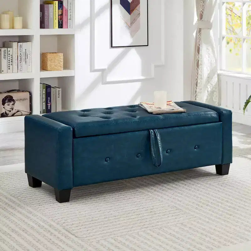 Banco de almacenamiento moderno de piel sintética de 48" con tapa abatible para sala de estar, dormitorio o recibidor