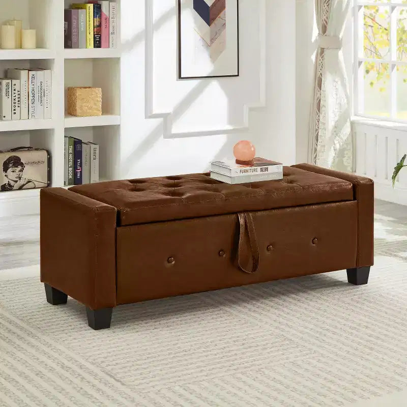 Banco de almacenamiento moderno de piel sintética de 48" con tapa abatible para sala de estar, dormitorio o recibidor