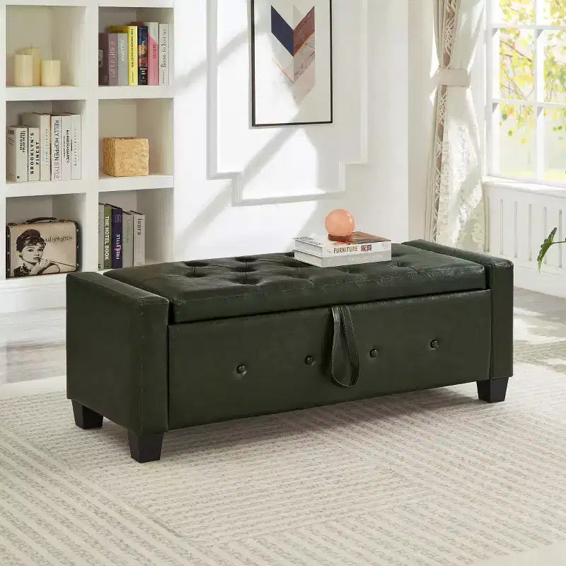 Banco de almacenamiento moderno de piel sintética de 48" con tapa abatible para sala de estar, dormitorio o recibidor