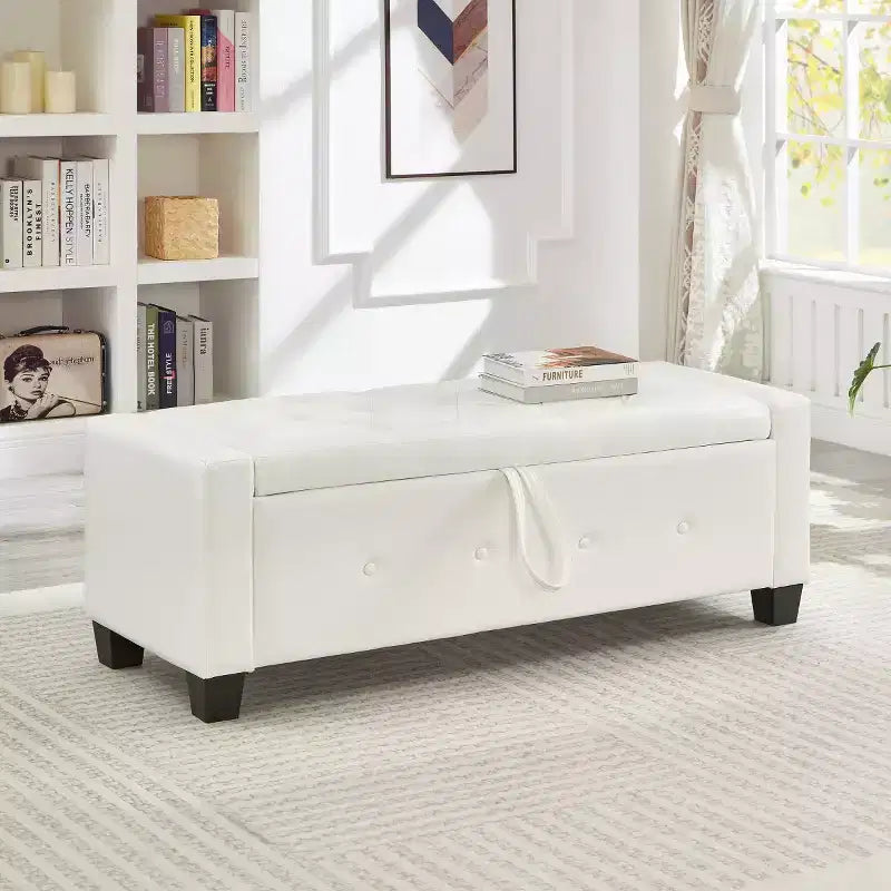 Banco de almacenamiento moderno de piel sintética de 48" con tapa abatible para sala de estar, dormitorio o recibidor
