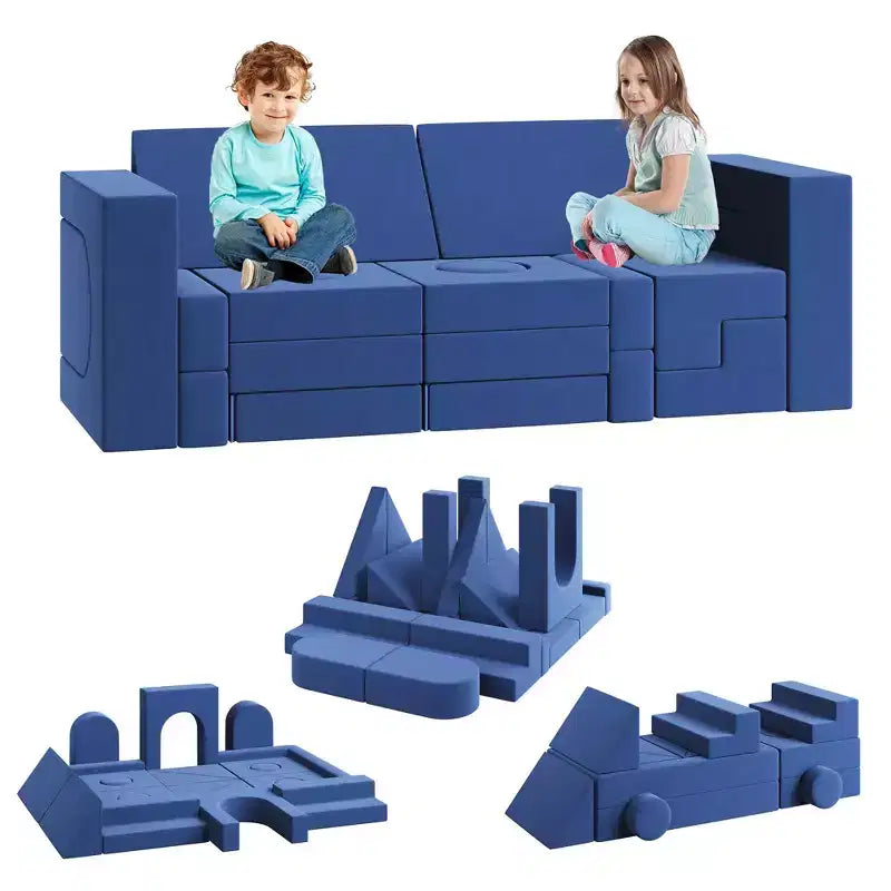 22Pcs Modular Children's Sofa Set, Convertible Block Sofa, Two-Seater Blue DIY Sofa, Suitable for Bedrooms and Playrooms