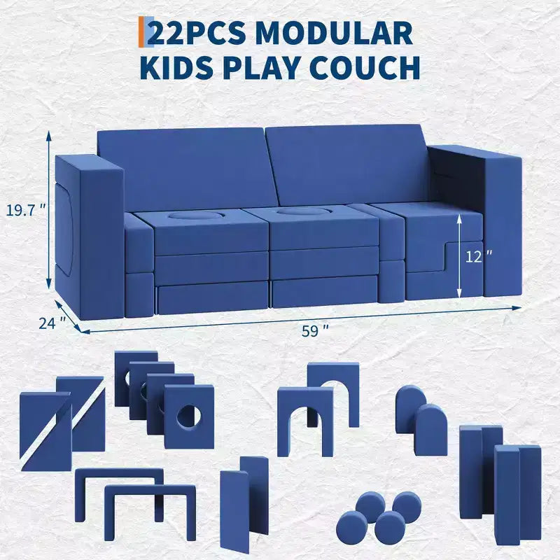 22Pcs Modular Children's Sofa Set, Convertible Block Sofa, Two-Seater Blue DIY Sofa, Suitable for Bedrooms and Playrooms