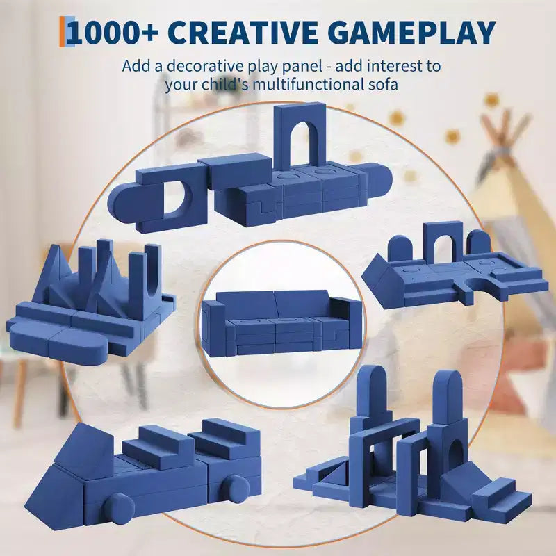 22Pcs Modular Children's Sofa Set, Convertible Block Sofa, Two-Seater Blue DIY Sofa, Suitable for Bedrooms and Playrooms