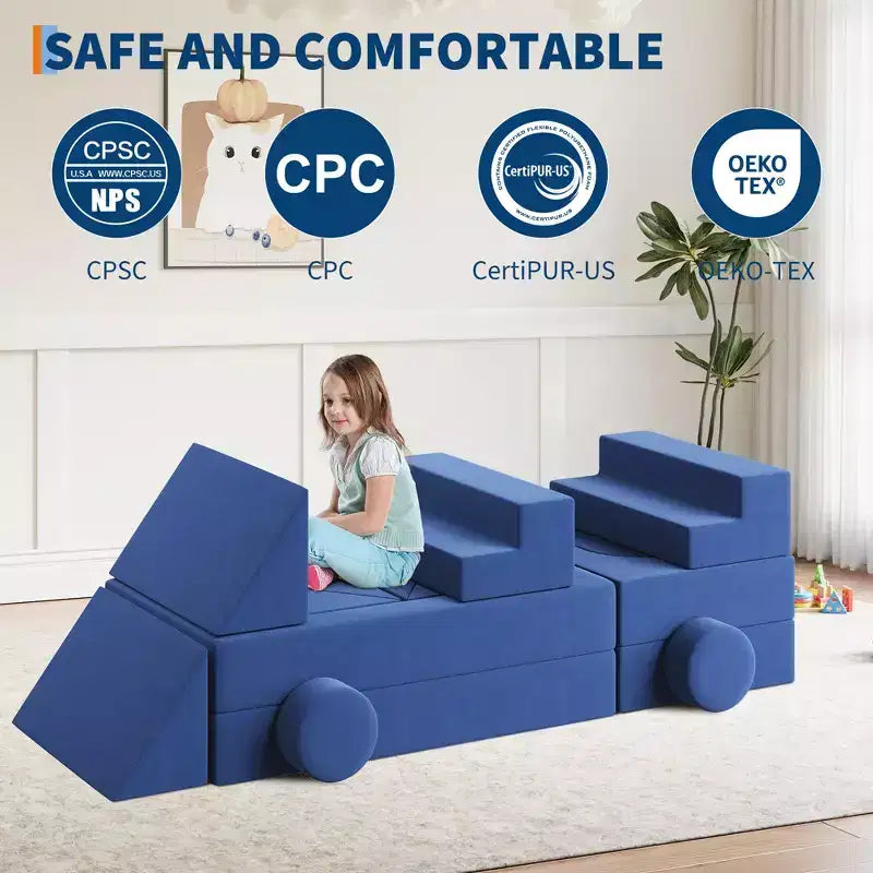 22Pcs Modular Children's Sofa Set, Convertible Block Sofa, Two-Seater Blue DIY Sofa, Suitable for Bedrooms and Playrooms