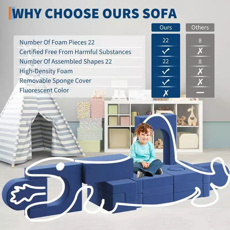 22Pcs Modular Children's Sofa Set, Convertible Block Sofa, Two-Seater Blue DIY Sofa, Suitable for Bedrooms and Playrooms