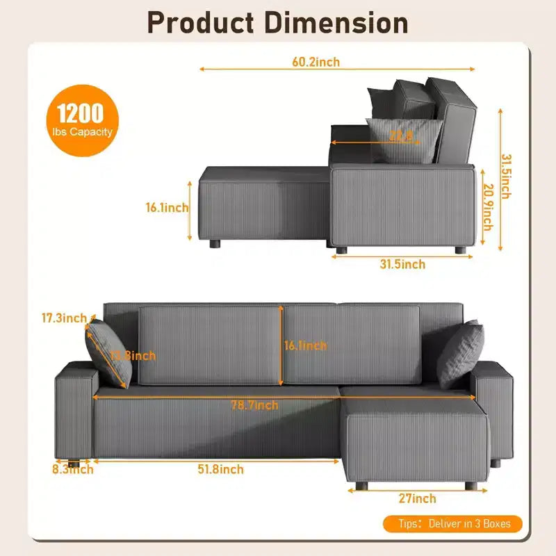 L-Shaped Modular Sectional Sofa with Ottoman, Fuzzy Sponge Cloud Couch in a Box, No Assembly Required, Modern Upholstered for Living Room