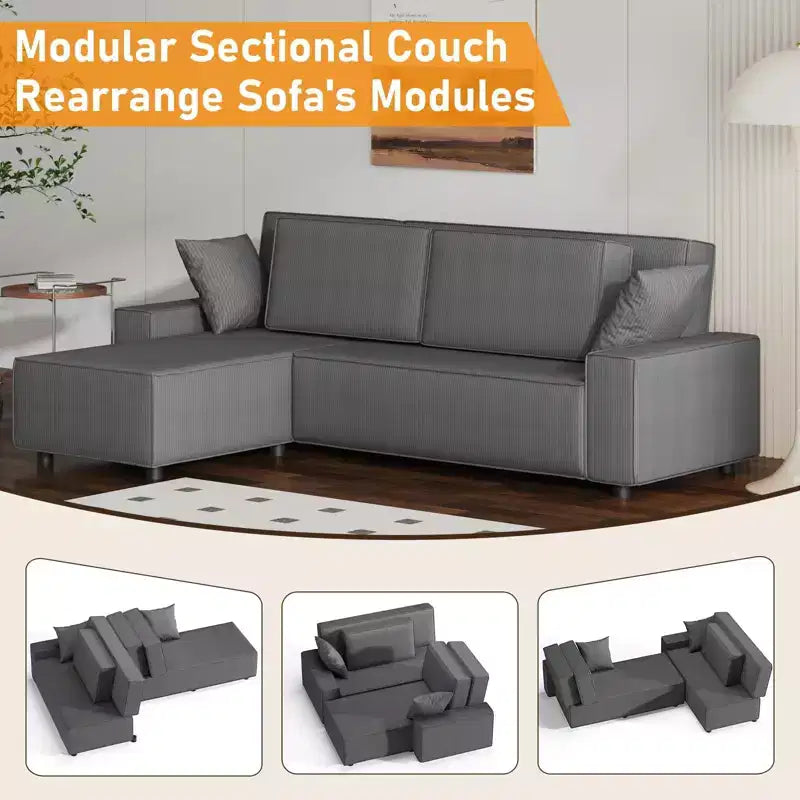 L-Shaped Modular Sectional Sofa with Ottoman, Fuzzy Sponge Cloud Couch in a Box, No Assembly Required, Modern Upholstered for Living Room