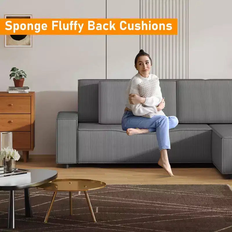 L-Shaped Modular Sectional Sofa with Ottoman, Fuzzy Sponge Cloud Couch in a Box, No Assembly Required, Modern Upholstered for Living Room