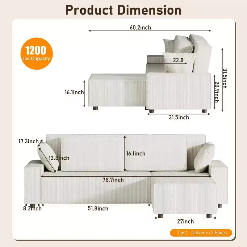 L-Shaped Modular Sectional Sofa with Ottoman, Fuzzy Sponge Cloud Couch in a Box, No Assembly Required, Modern Upholstered for Living Room