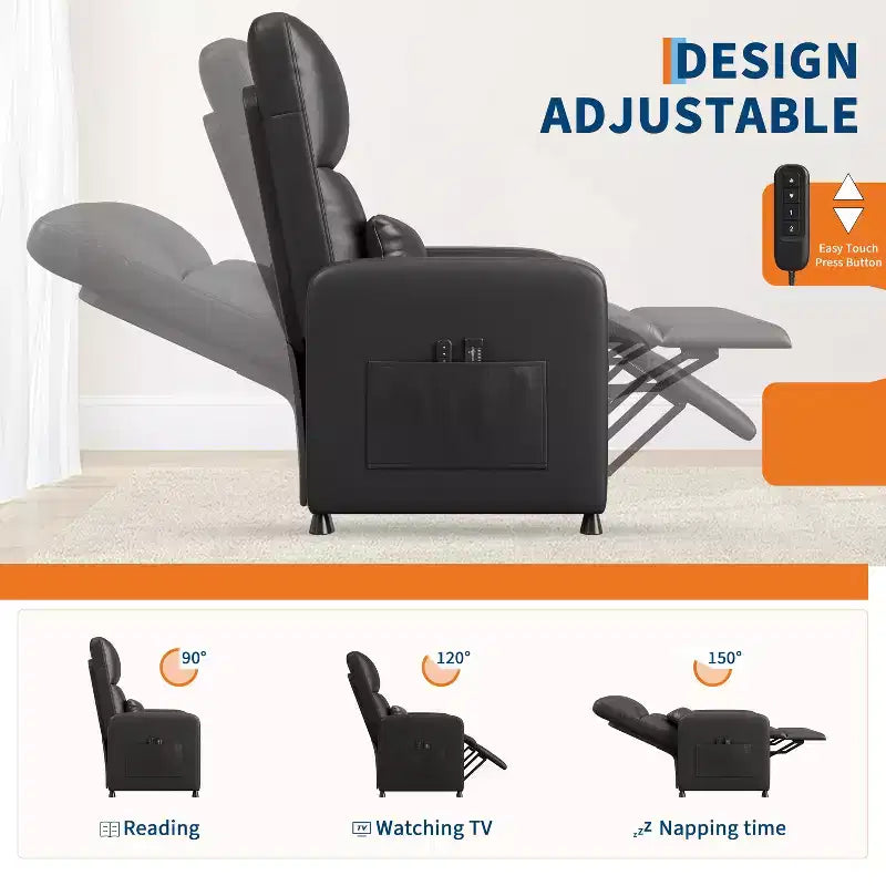 PU Leather Power Recliner Chair with Heat & Massage - Adjustable Electric Ergonomic Single Sofa, Home Theater Seating for Living Room
