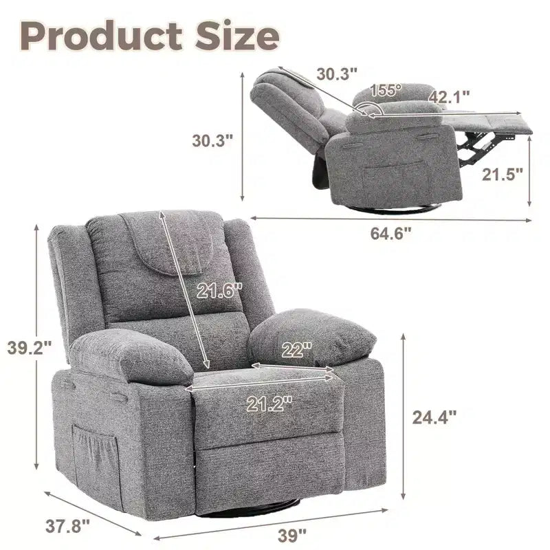 360 Swivel Rock Recliner Chairs Single Sofa,Oversized Recliner Chair for Adults with Vibration Massage and Lumbar Heating Sofa for Living Room