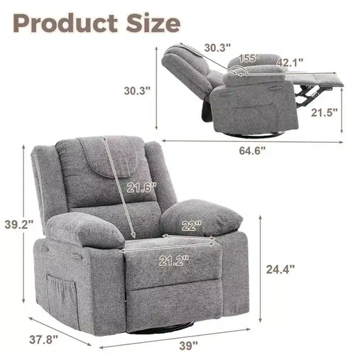 Sillones reclinables giratorios 360, sofá individual, sillón reclinable de gran tamaño para adultos con masaje vibratorio y sofá con calefacción lumbar para sala de estar