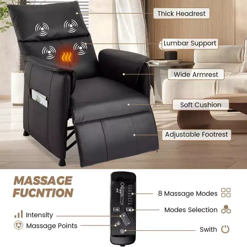 Electric Recliner Chair with Heat and Massage, Adjustable Single PU Leather Recliners Sofa,Theater Seating &Armchair for Living Room/Office