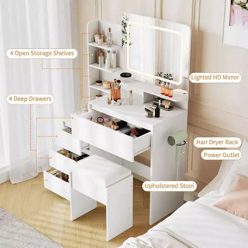 Tocador Moderno con Espejo LED e Iluminación Ajustable, Mesa de Maquillaje de 91 cm con 4 Cajones, Estantes de Almacenamiento, Enchufe, Puertos USB, para Dormitorio