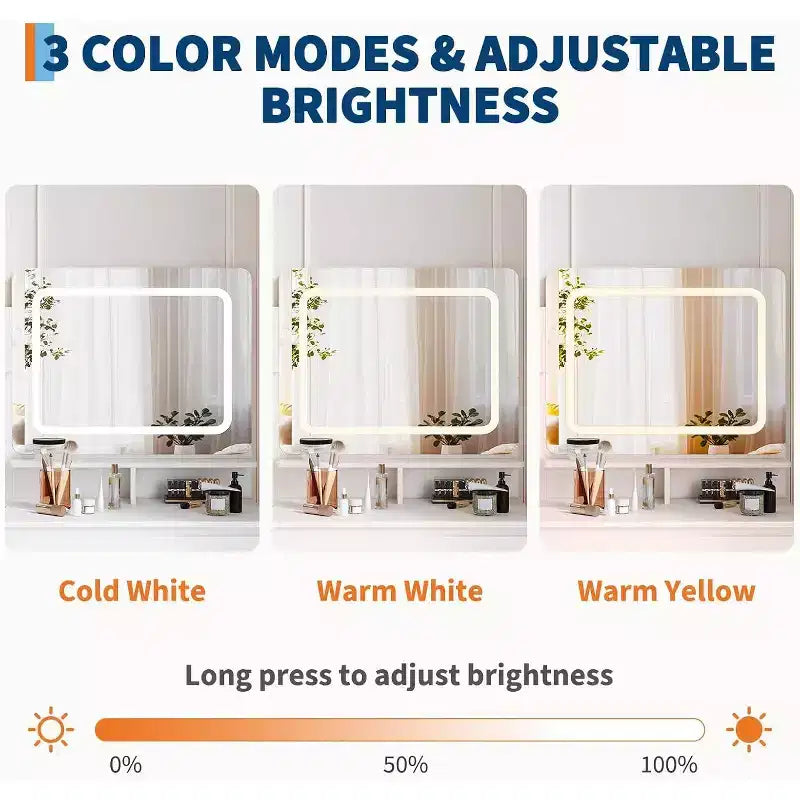 Tocador Moderno con Espejo LED e Iluminación Ajustable, Mesa de Maquillaje de 91 cm con 4 Cajones, Estantes de Almacenamiento, Enchufe, Puertos USB, para Dormitorio