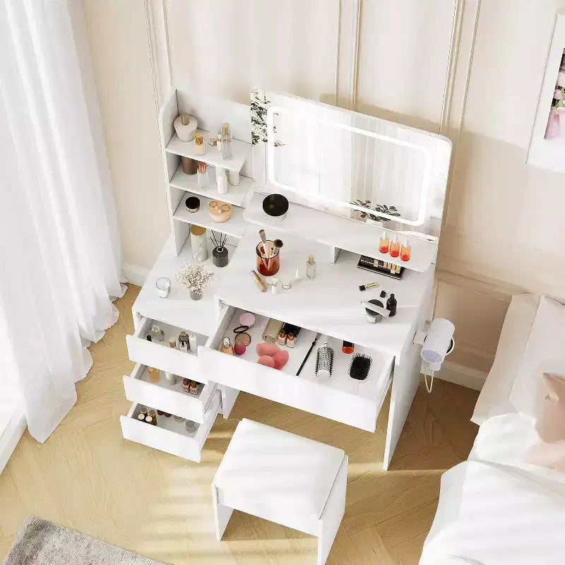 Tocador Moderno con Espejo LED e Iluminación Ajustable, Mesa de Maquillaje de 91 cm con 4 Cajones, Estantes de Almacenamiento, Enchufe, Puertos USB, para Dormitorio