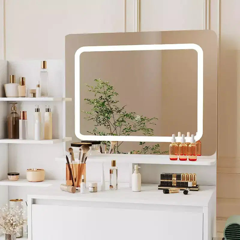 Tocador Moderno con Espejo LED e Iluminación Ajustable, Mesa de Maquillaje de 91 cm con 4 Cajones, Estantes de Almacenamiento, Enchufe, Puertos USB, para Dormitorio