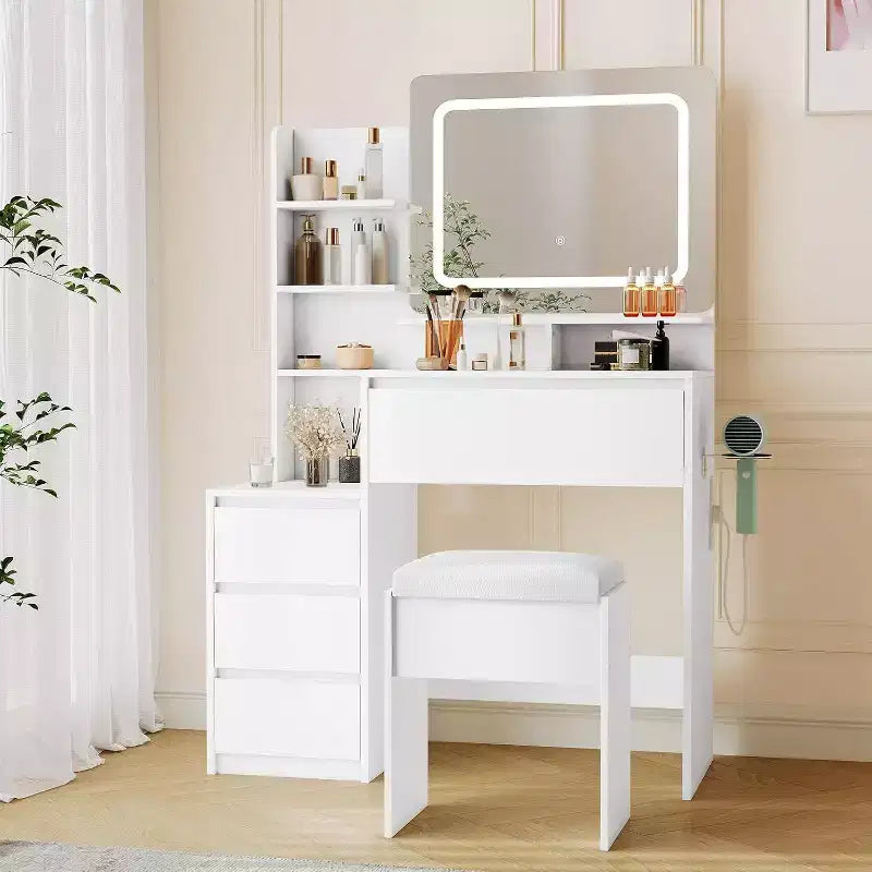 Tocador Moderno con Espejo LED e Iluminación Ajustable, Mesa de Maquillaje de 91 cm con 4 Cajones, Estantes de Almacenamiento, Enchufe, Puertos USB, para Dormitorio