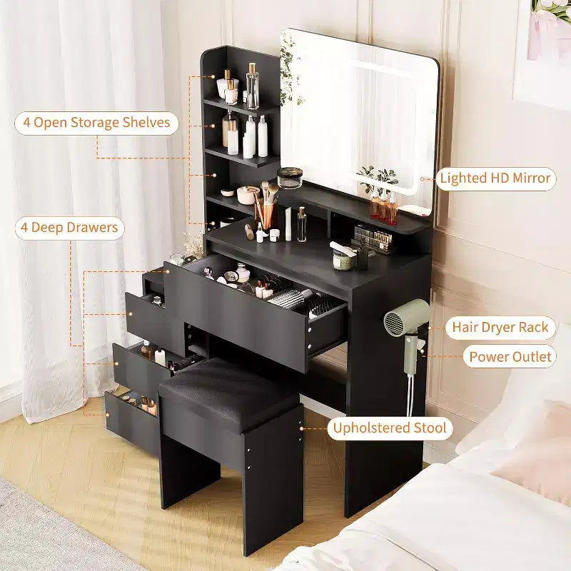 Tocador Moderno con Espejo LED e Iluminación Ajustable, Mesa de Maquillaje de 91 cm con 4 Cajones, Estantes de Almacenamiento, Enchufe, Puertos USB, para Dormitorio