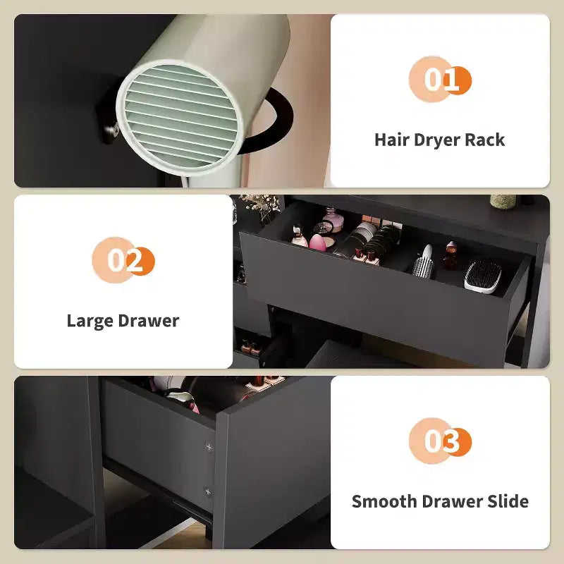 Tocador Moderno con Espejo LED e Iluminación Ajustable, Mesa de Maquillaje de 91 cm con 4 Cajones, Estantes de Almacenamiento, Enchufe, Puertos USB, para Dormitorio