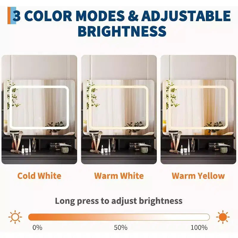 Tocador Moderno con Espejo LED e Iluminación Ajustable, Mesa de Maquillaje de 91 cm con 4 Cajones, Estantes de Almacenamiento, Enchufe, Puertos USB, para Dormitorio