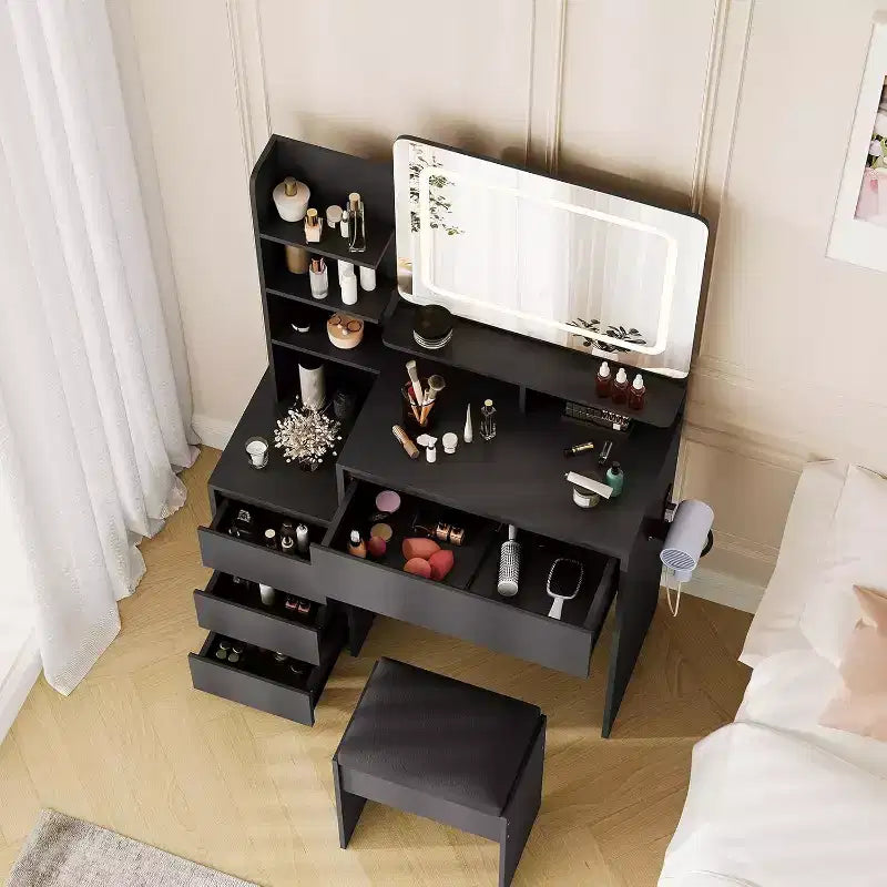 Tocador Moderno con Espejo LED e Iluminación Ajustable, Mesa de Maquillaje de 91 cm con 4 Cajones, Estantes de Almacenamiento, Enchufe, Puertos USB, para Dormitorio