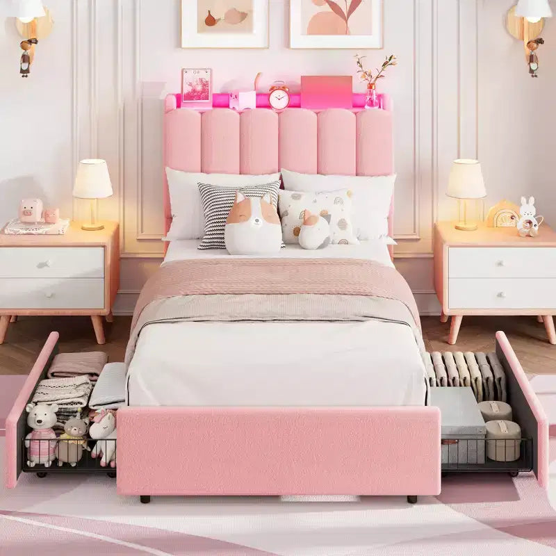 Base de cama tapizada con plataforma, cabecero con almacenamiento y cajones, resistentes listones de madera, estructura metálica silenciosa, alta resistencia, fácil montaje,