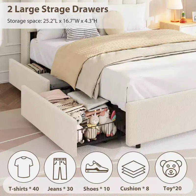 Base de cama tapizada con plataforma, cabecero con almacenamiento y cajones, resistentes listones de madera, estructura metálica silenciosa, alta resistencia, fácil montaje,