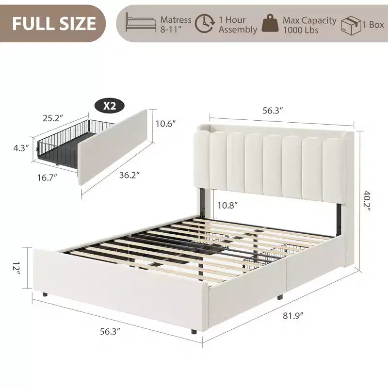 Base de cama tapizada con plataforma, cabecero con almacenamiento y cajones, resistentes listones de madera, estructura metálica silenciosa, alta resistencia, fácil montaje,
